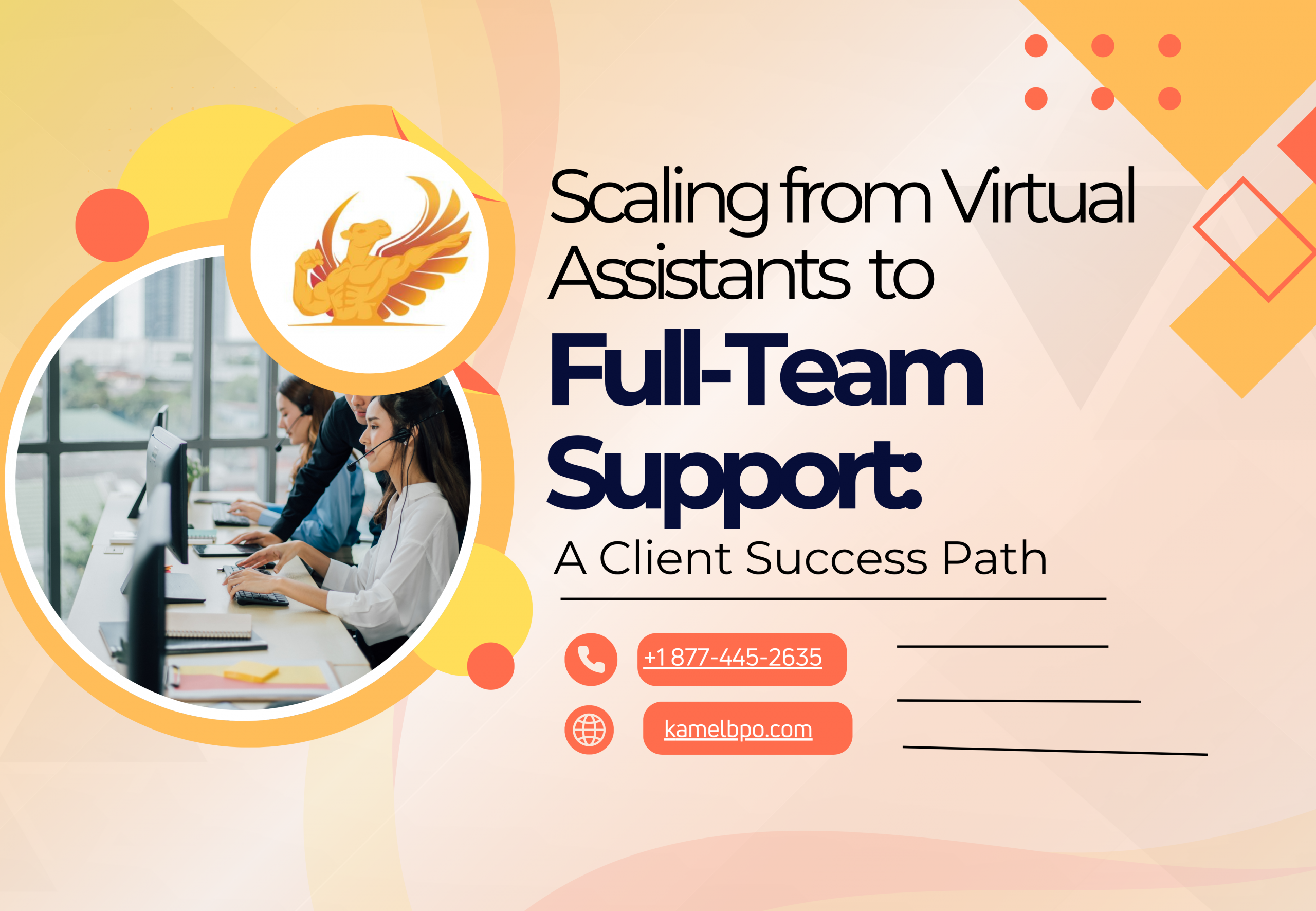 Customer support team working at desks with headsets, representing the business journey from hiring a virtual assistant to building a full offshore support team, branded with KamelBPO logo and contact details.