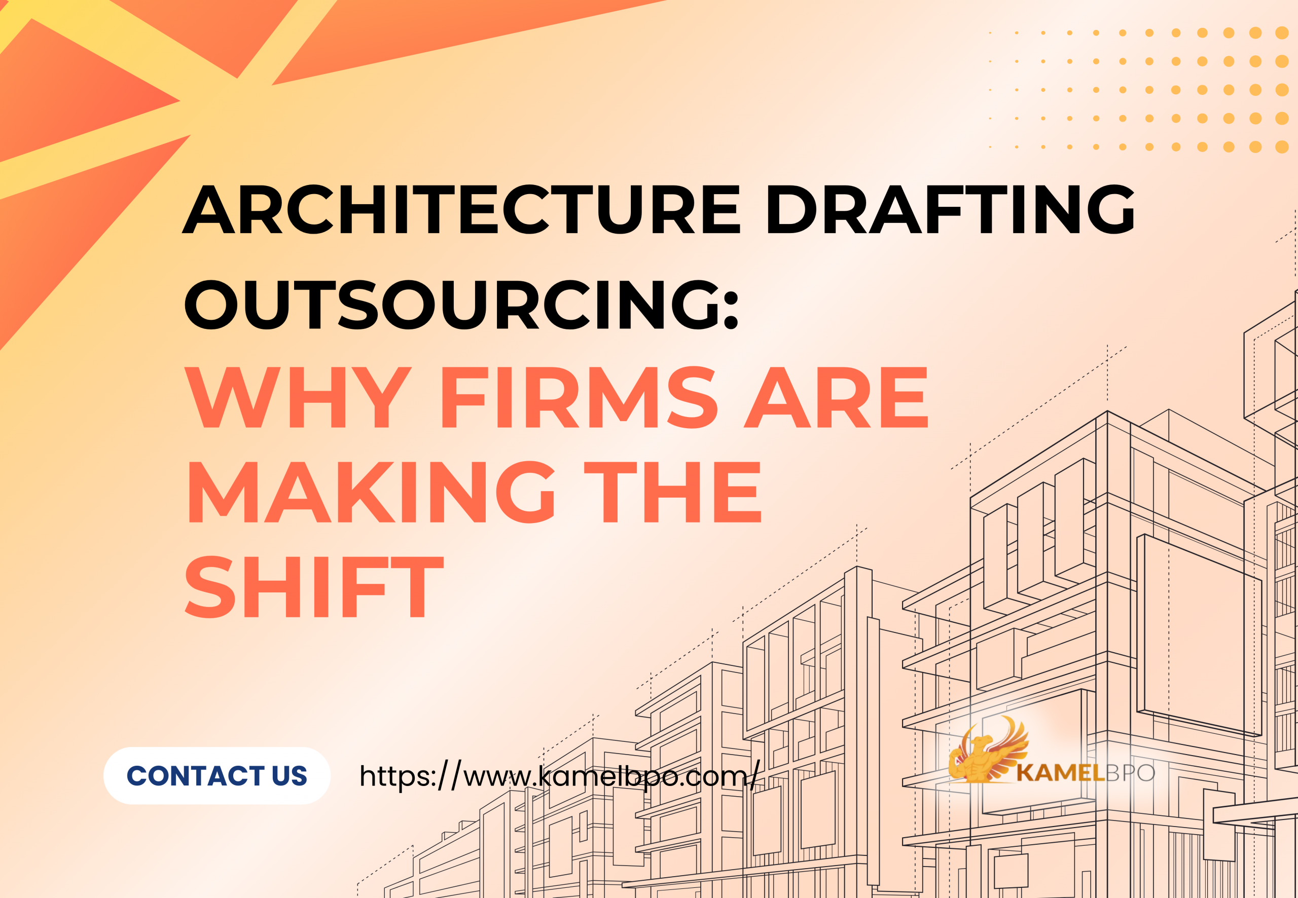 Promotional banner for architectural drafting outsourcing with the title 'Why Firms Are Making the Shift' and contact link to kamelbpo.com.