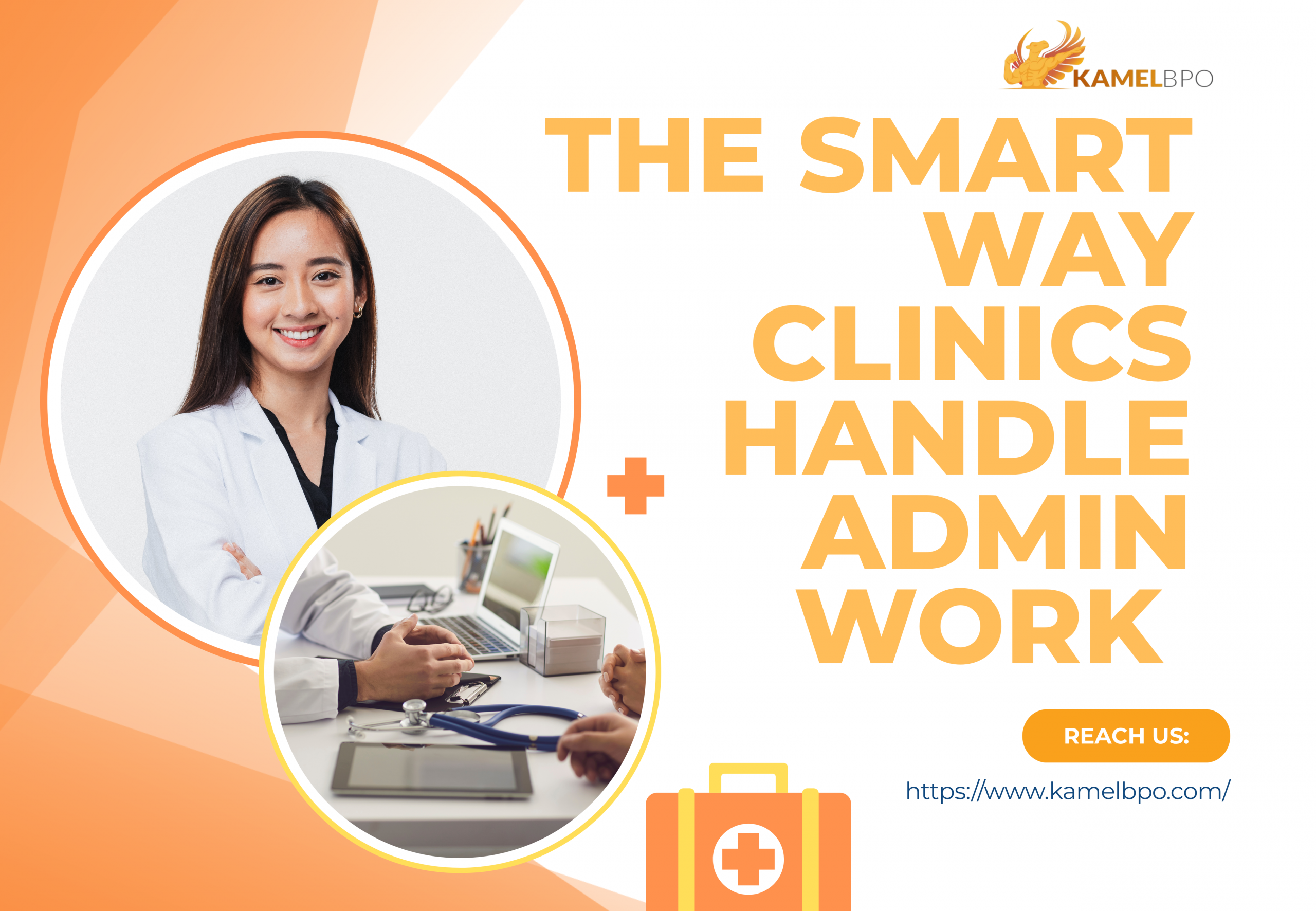 Female doctor smiling with arms crossed alongside a close-up of hands discussing medical documents near a laptop, with text saying 'The Smart Way Clinics Handle Admin Work' and KamelBPO branding.
