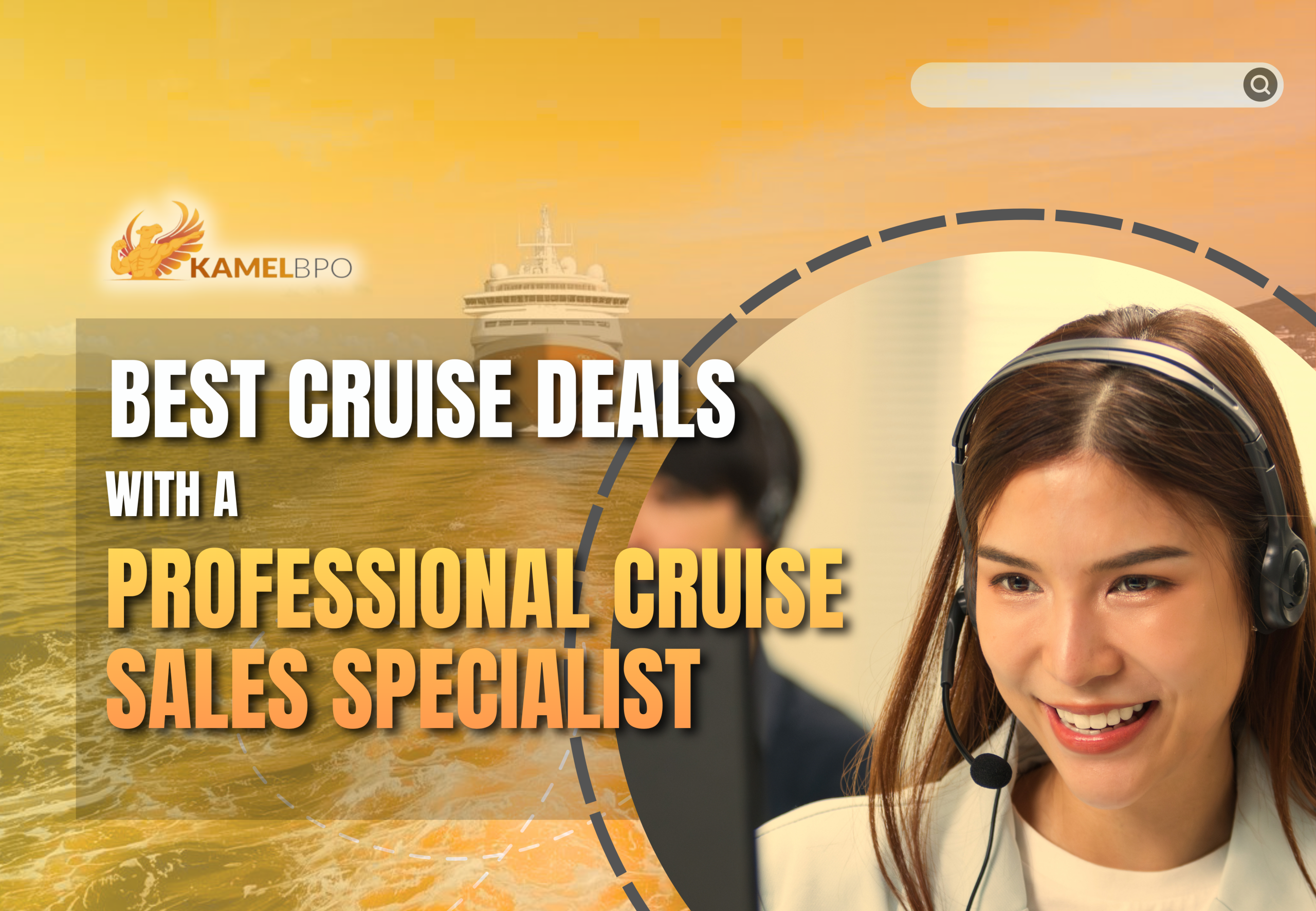 Customer service representative wearing a headset assisting with cruise bookings beside a cruise ship background promoting best cruise deals with a professional cruise sales specialist