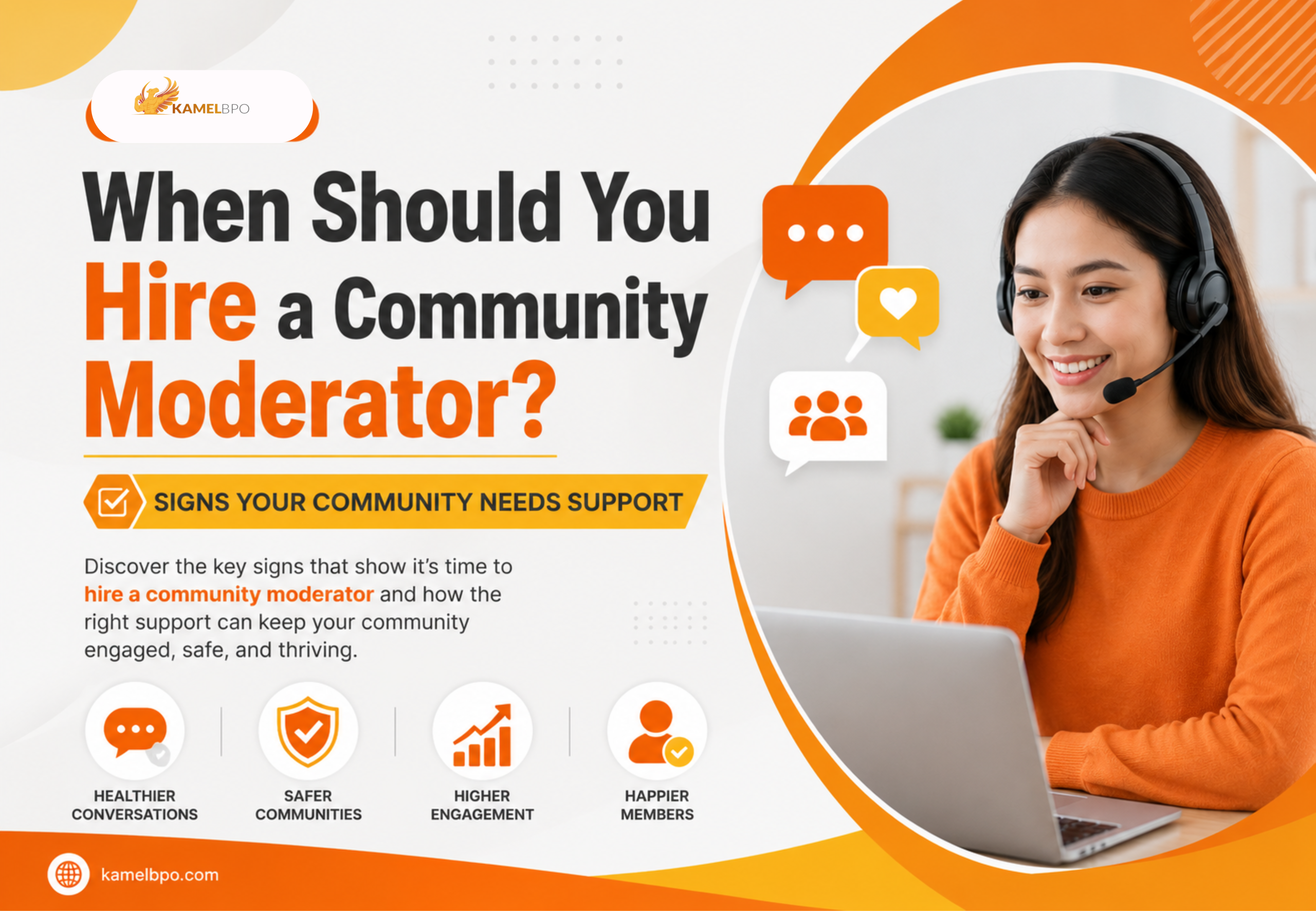 Professional blog banner featuring a customer support representative wearing a headset, surrounded by community engagement icons in orange, yellow, white, and gray. The banner highlights the topic "When Should You Hire a Community Moderator? Signs Your Community Needs Support" and emphasizes community growth, engagement, safety, and moderation support.
