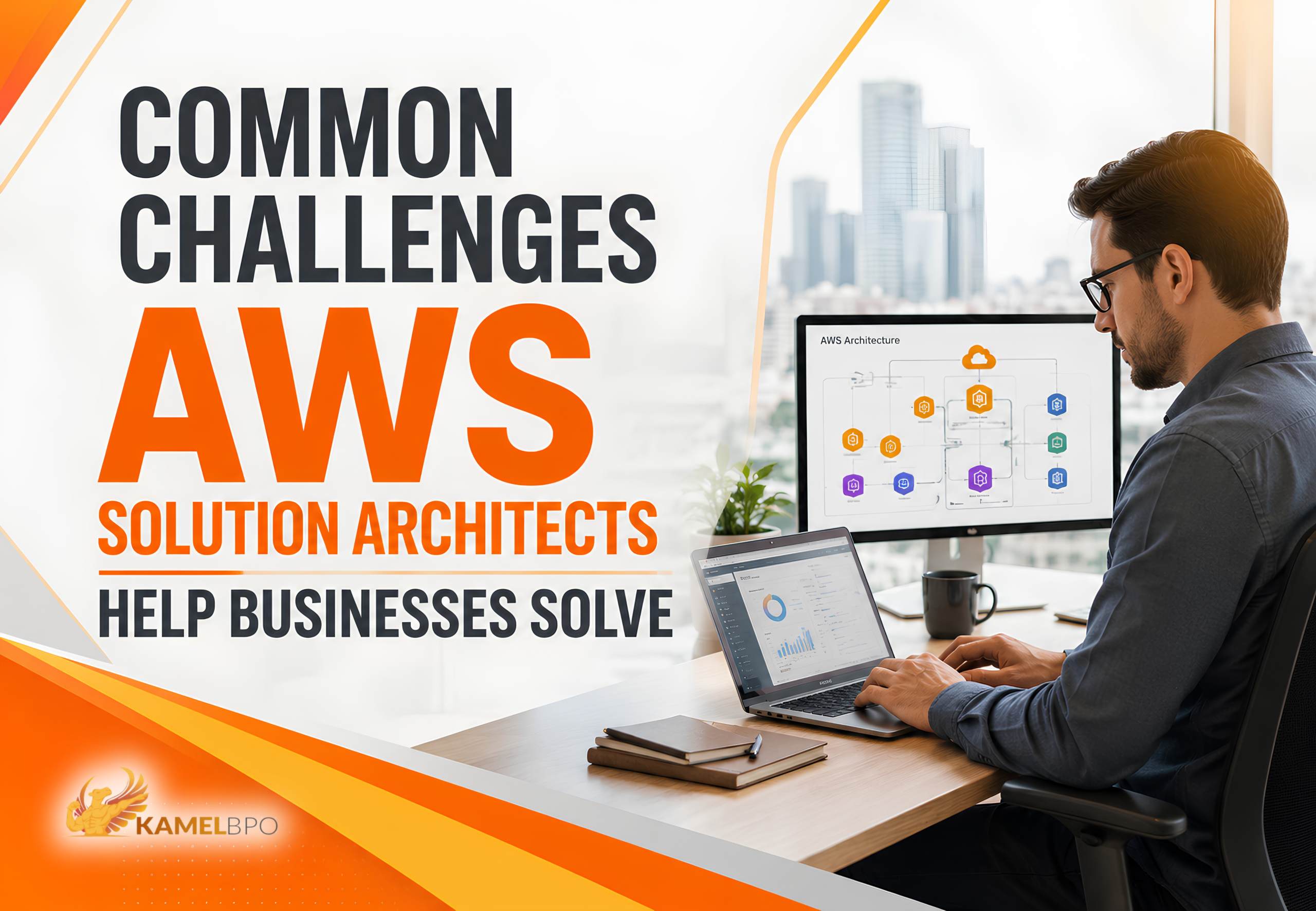 AWS Solution Architect working at a computer while reviewing cloud architecture diagrams, illustrating how businesses overcome cloud infrastructure, security, scalability, and cost management challenges.