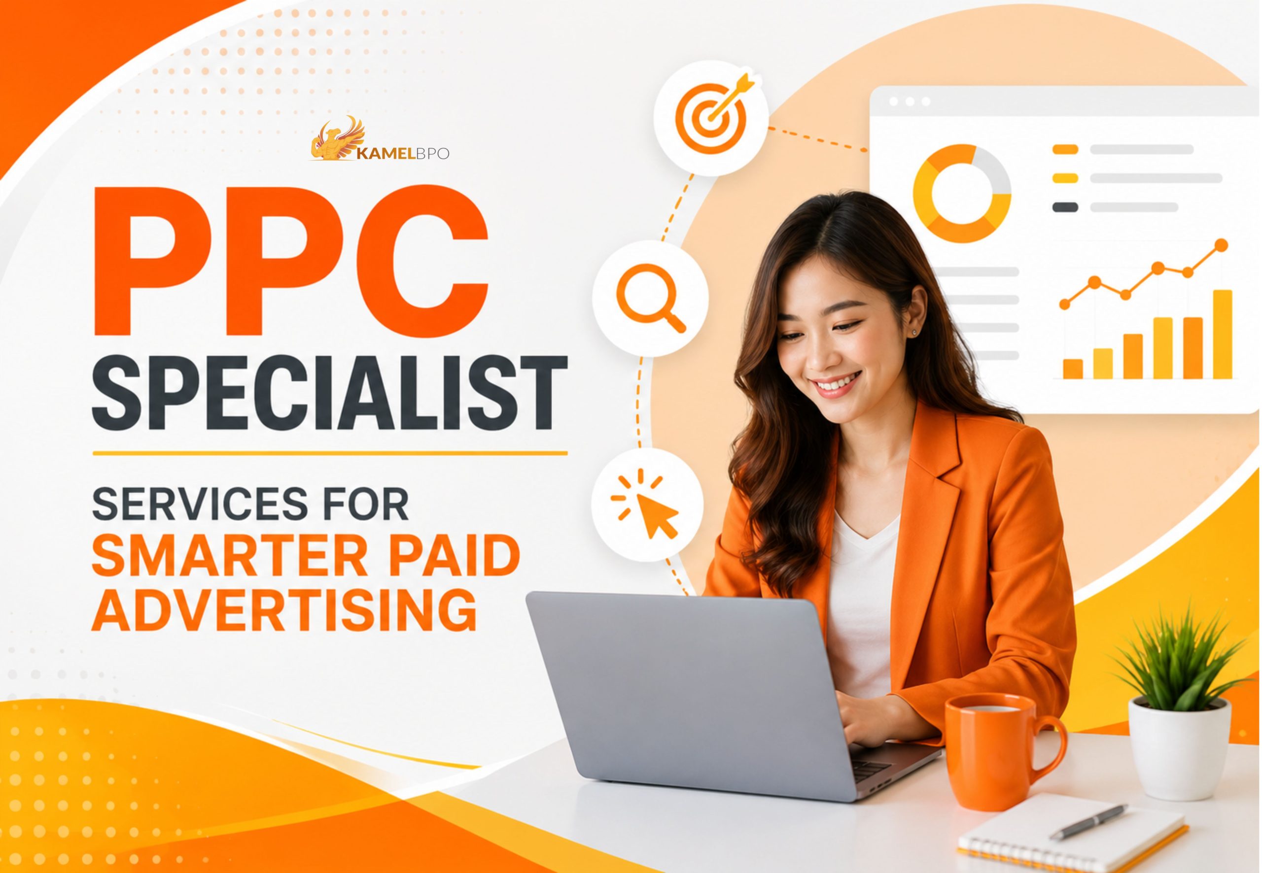 A professional blog banner featuring the title "PPC Specialist Services for Smarter Paid Advertising" beside a marketing professional working on a laptop with digital analytics charts. The design uses orange, light orange, yellow, white, and grey branding elements to represent PPC campaign management and performance optimization.