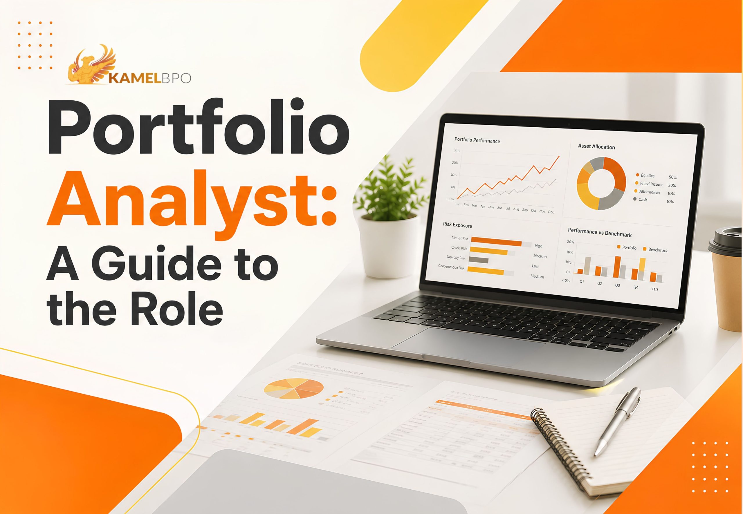 Portfolio Analyst: A Guide to the Role blog poster featuring a financial portfolio dashboard on a laptop