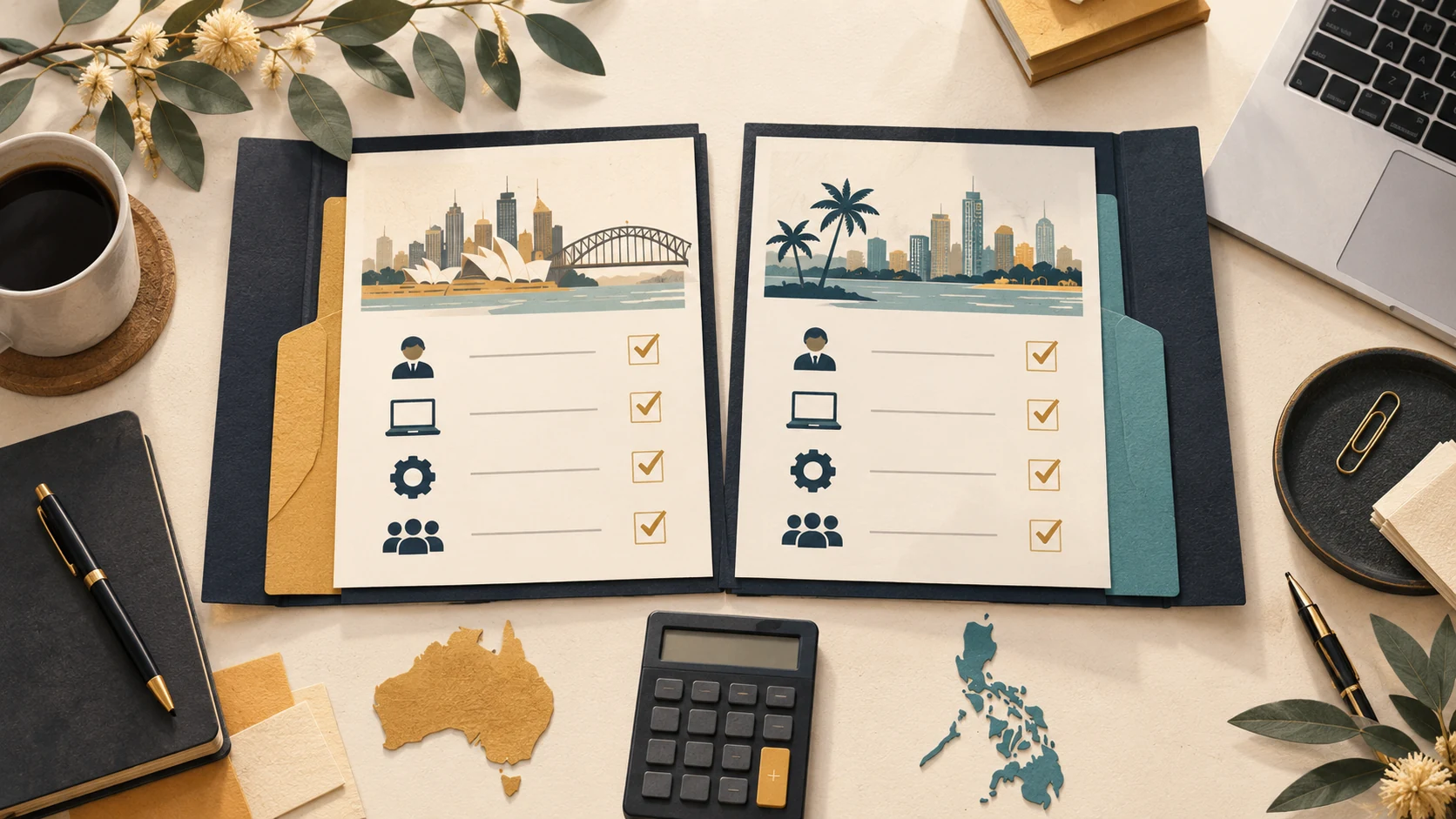 Editorial illustration of quotation folders, a calculator and cost items for an Australian hiring comparison.