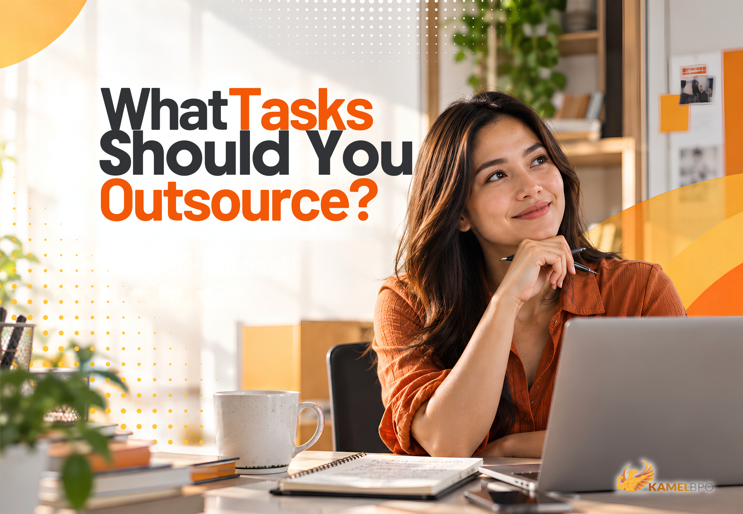 Business professional considering which tasks to outsource while working on a lapto