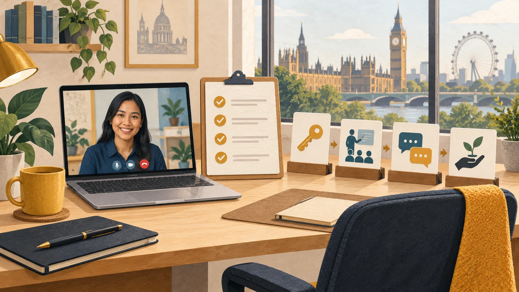 Illustration of a UK workspace with a Philippine colleague on a video call, an onboarding checklist and process cards.