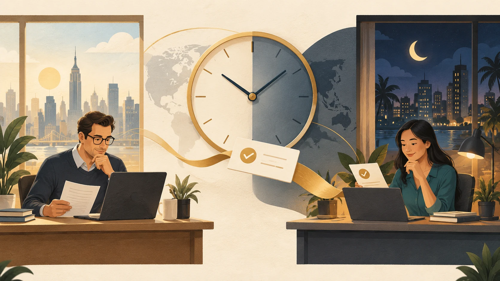 Illustration of US daytime and Philippine nighttime workspaces connected by a clock and task handover.